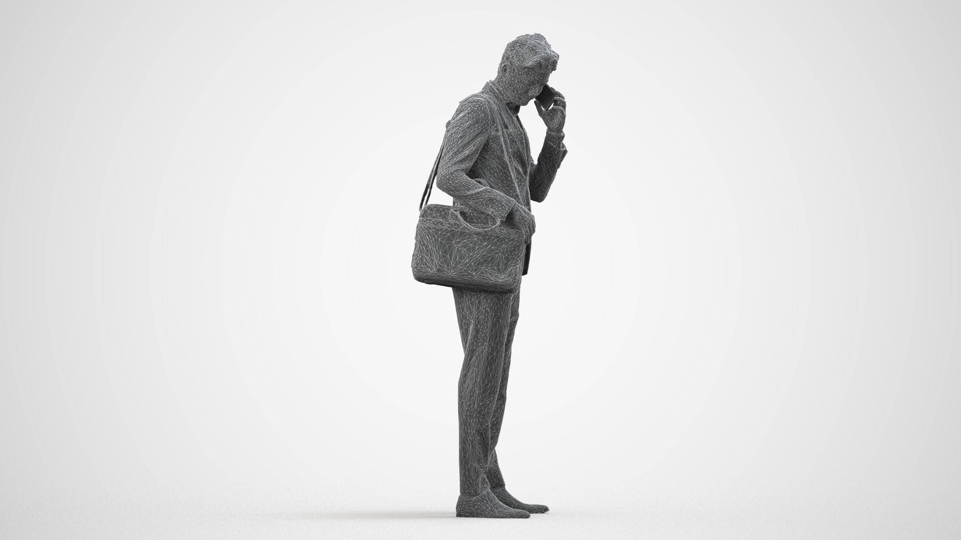 3D human model man business, photogrammetry scanned person for archviz, wireframe side view