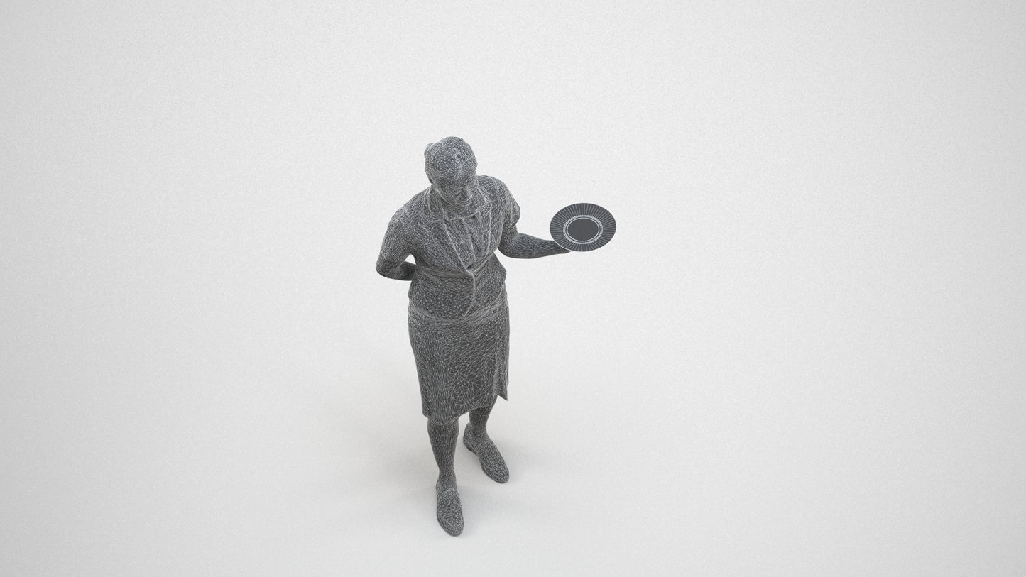 photogrammetry 3D woman hospitality, realistic human model archviz FBX, wireframe three-quarter view
