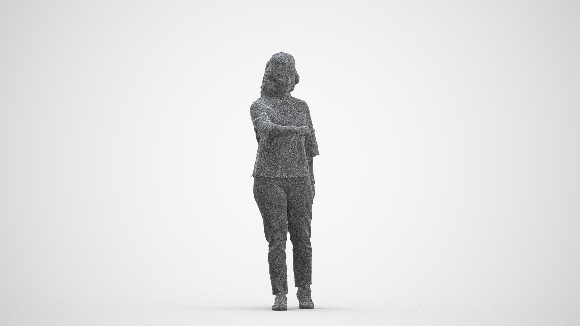 3D human model woman casual mix, photogrammetry scanned person for archviz, three-quarter front view render