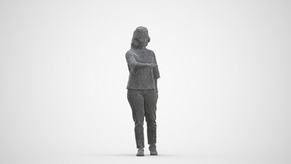 3D human model woman casual mix, photogrammetry scanned person for archviz, three-quarter front view render