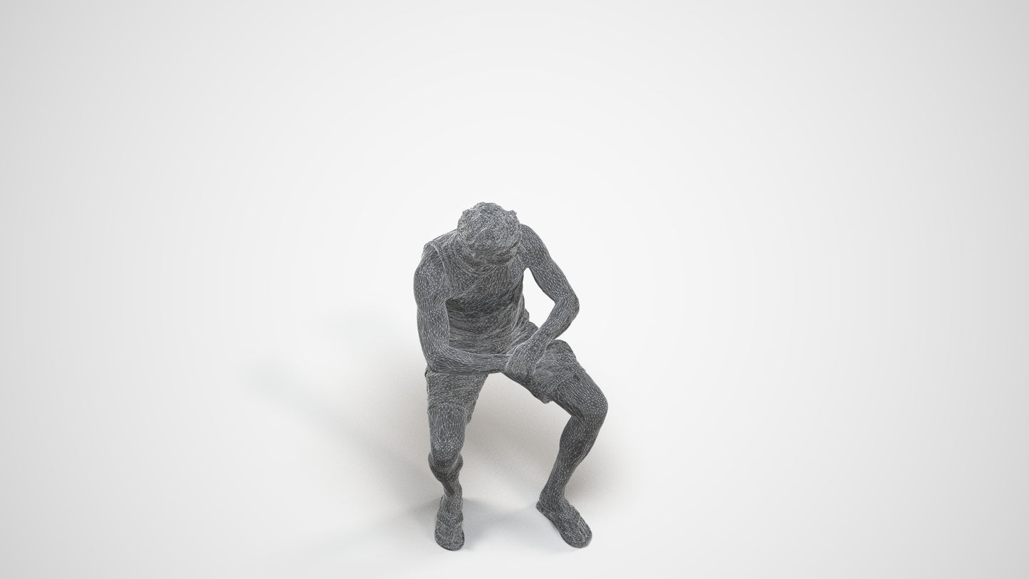 scanned 3D man casual sitting, photogrammetry people for Enscape and V-Ray, wireframe three-quarter view