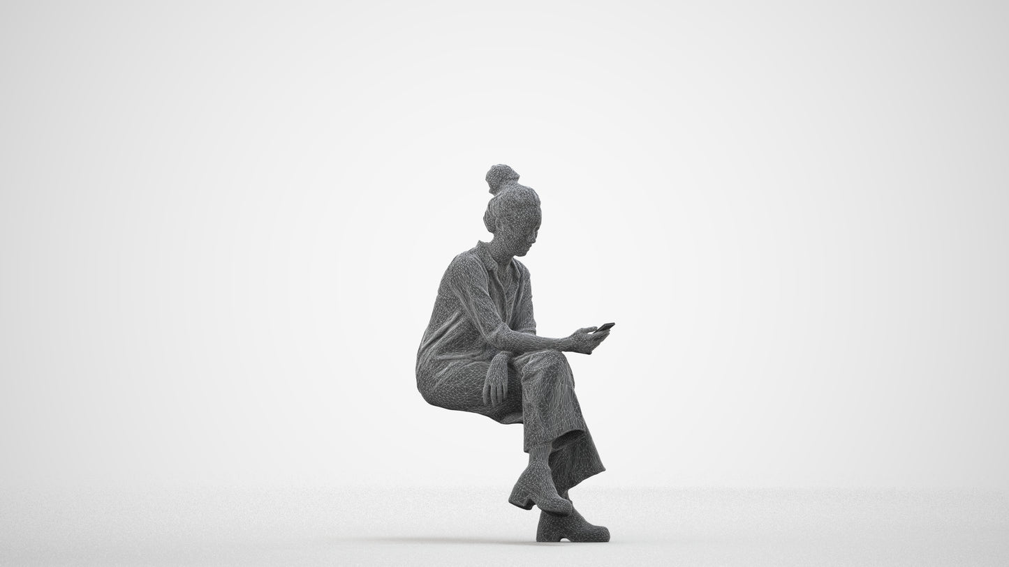 photogrammetry 3D woman casual sitting, realistic human model archviz FBX, wireframe side view