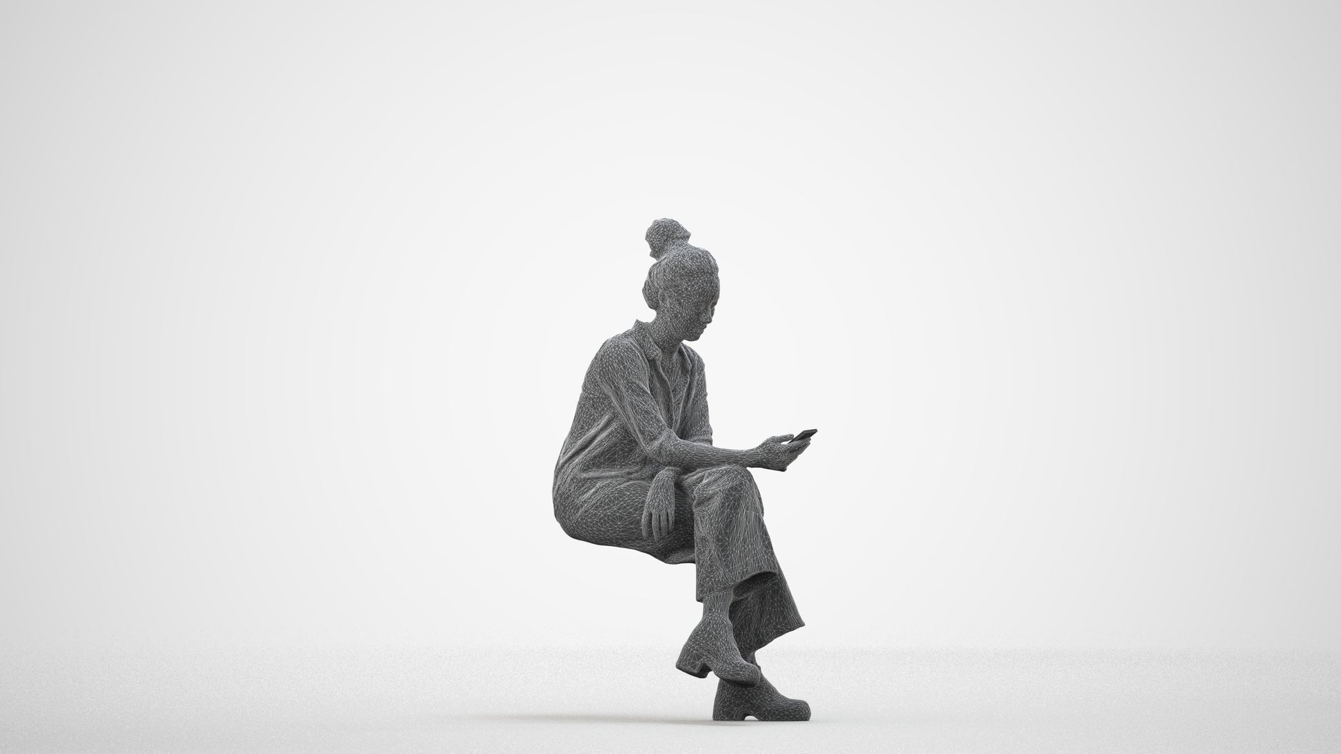 photogrammetry 3D woman casual sitting, realistic human model archviz FBX, wireframe side view