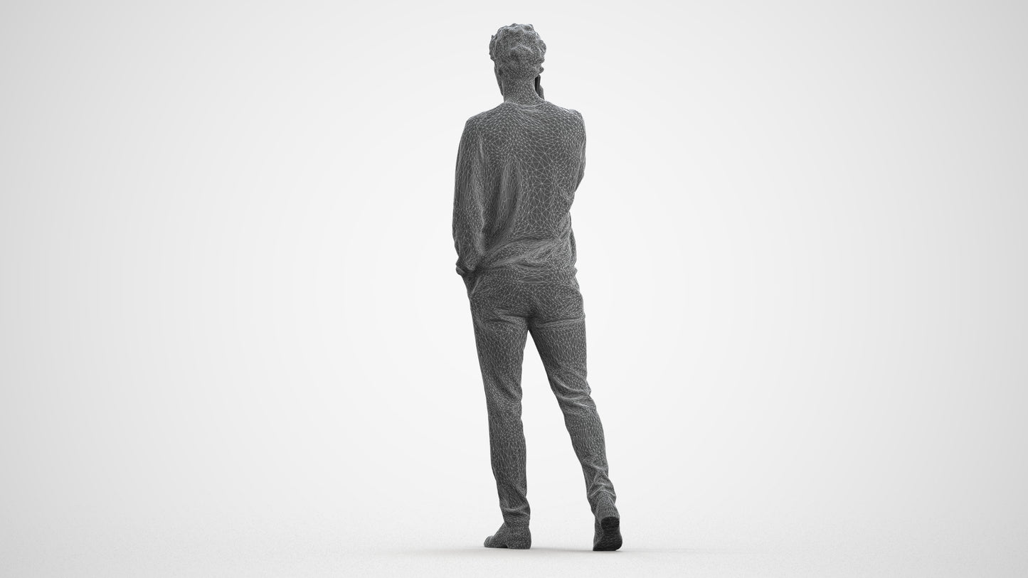 3D human model man casual walking, photogrammetry scanned person for archviz, wireframe front view