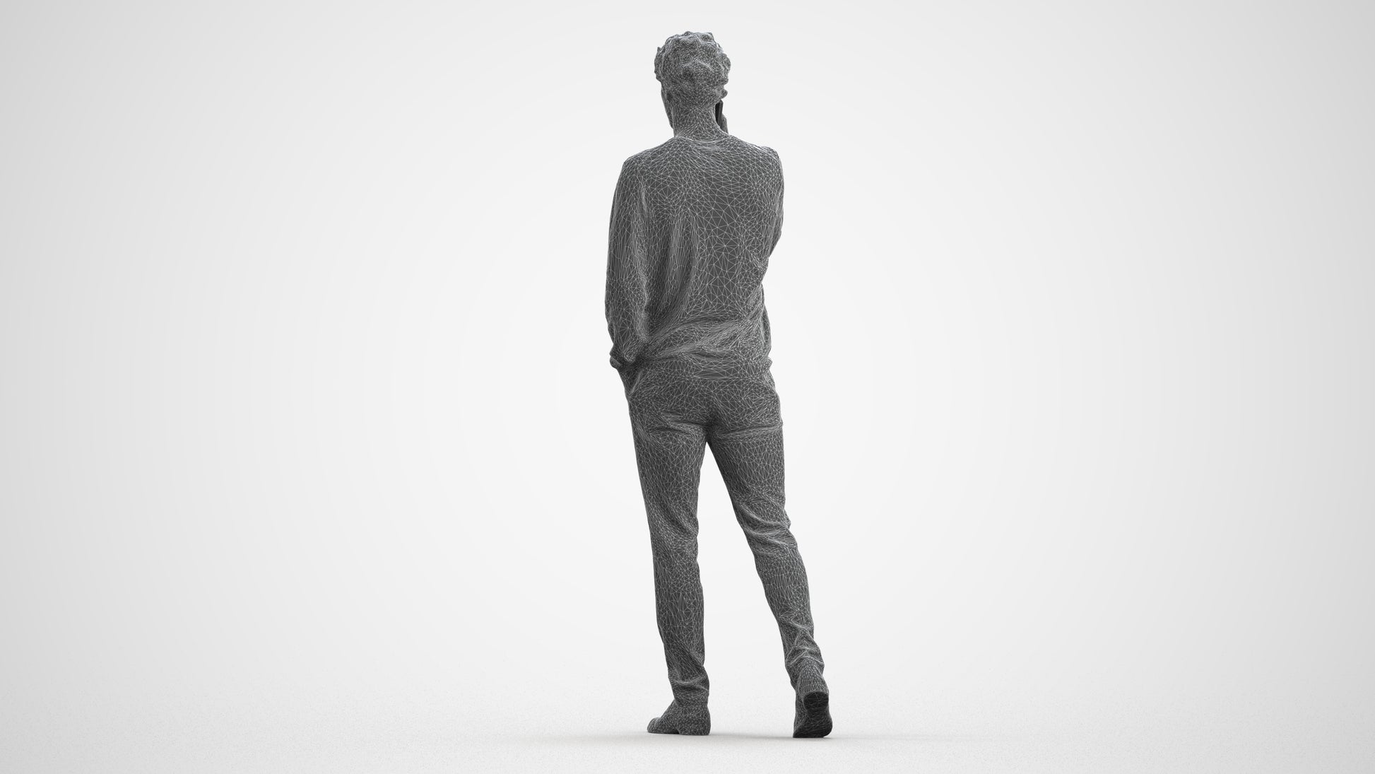 3D human model man casual walking, photogrammetry scanned person for archviz, wireframe front view