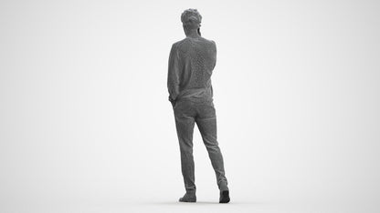 3D human model man casual walking, photogrammetry scanned person for archviz, wireframe front view