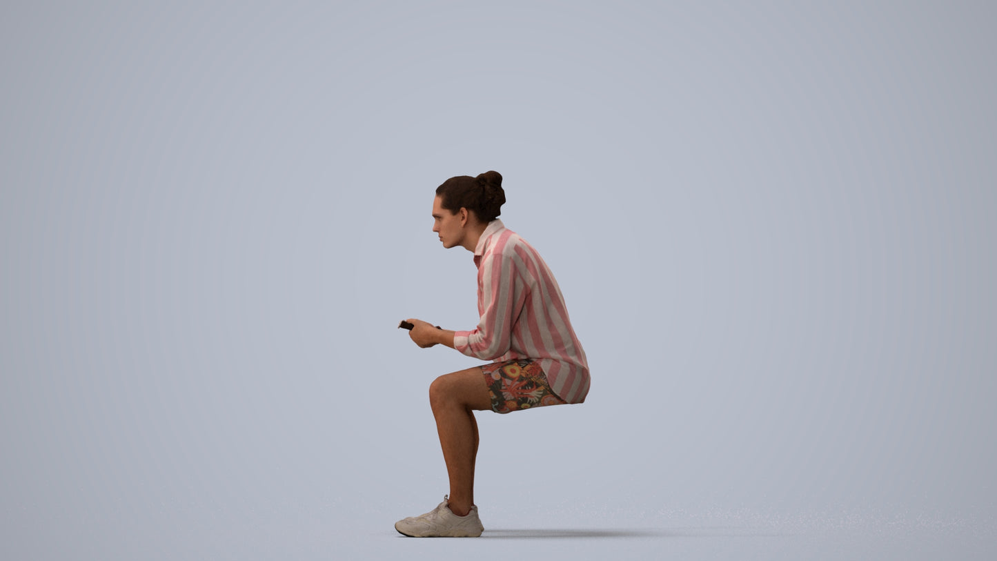 photogrammetry 3D man casual sitting, realistic human model archviz FBX, three-quarter view render