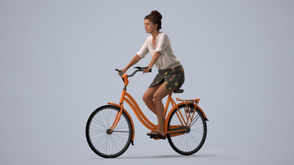 realistic 3D human woman casual cycling, archviz people FBX OBJ for Blender, three-quarter view render