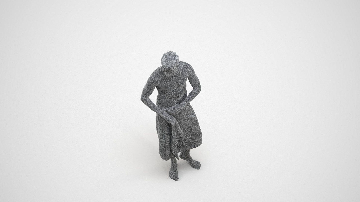 3D human model man casual bathroom, photogrammetry scanned person for archviz, wireframe three-quarter view