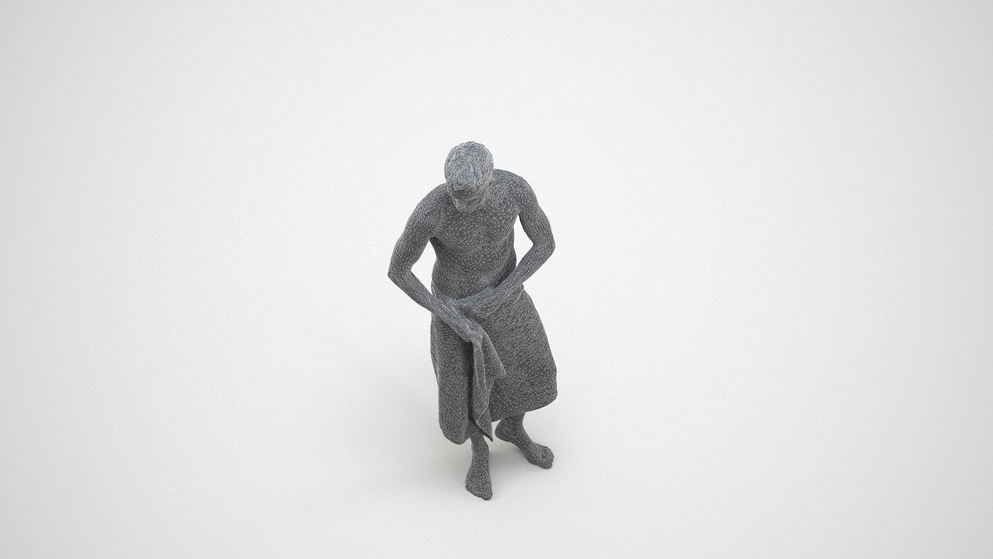 3D human model man casual bathroom, photogrammetry scanned person for archviz, wireframe three-quarter view
