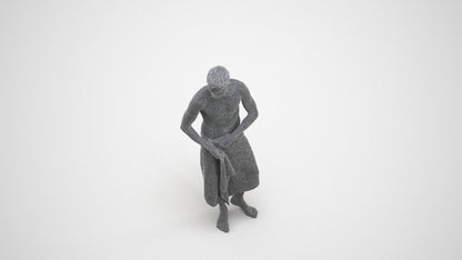 3D human model man casual bathroom, photogrammetry scanned person for archviz, wireframe three-quarter view