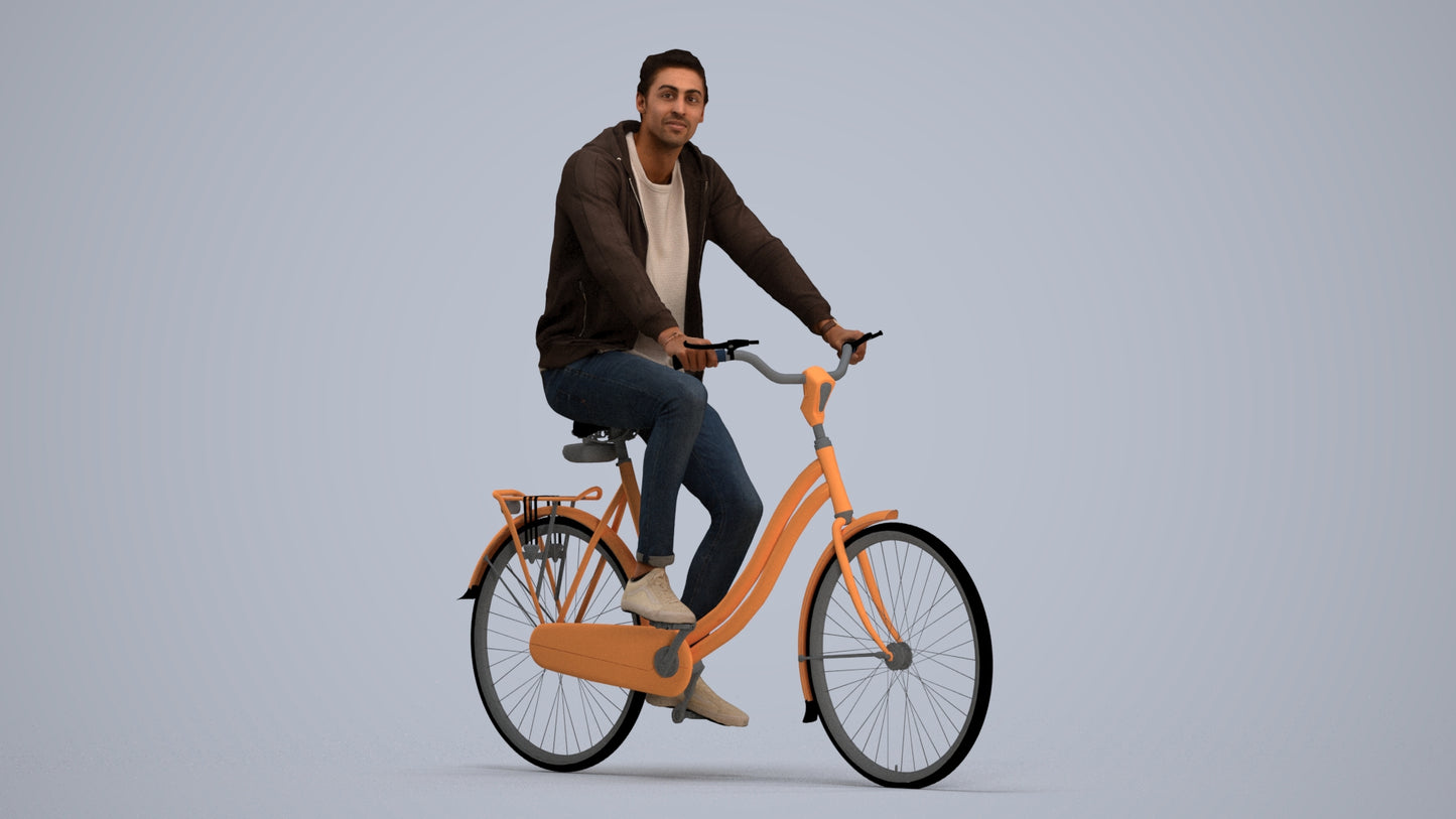 photogrammetry 3D man casual cycling, realistic human model archviz FBX, standing pose render