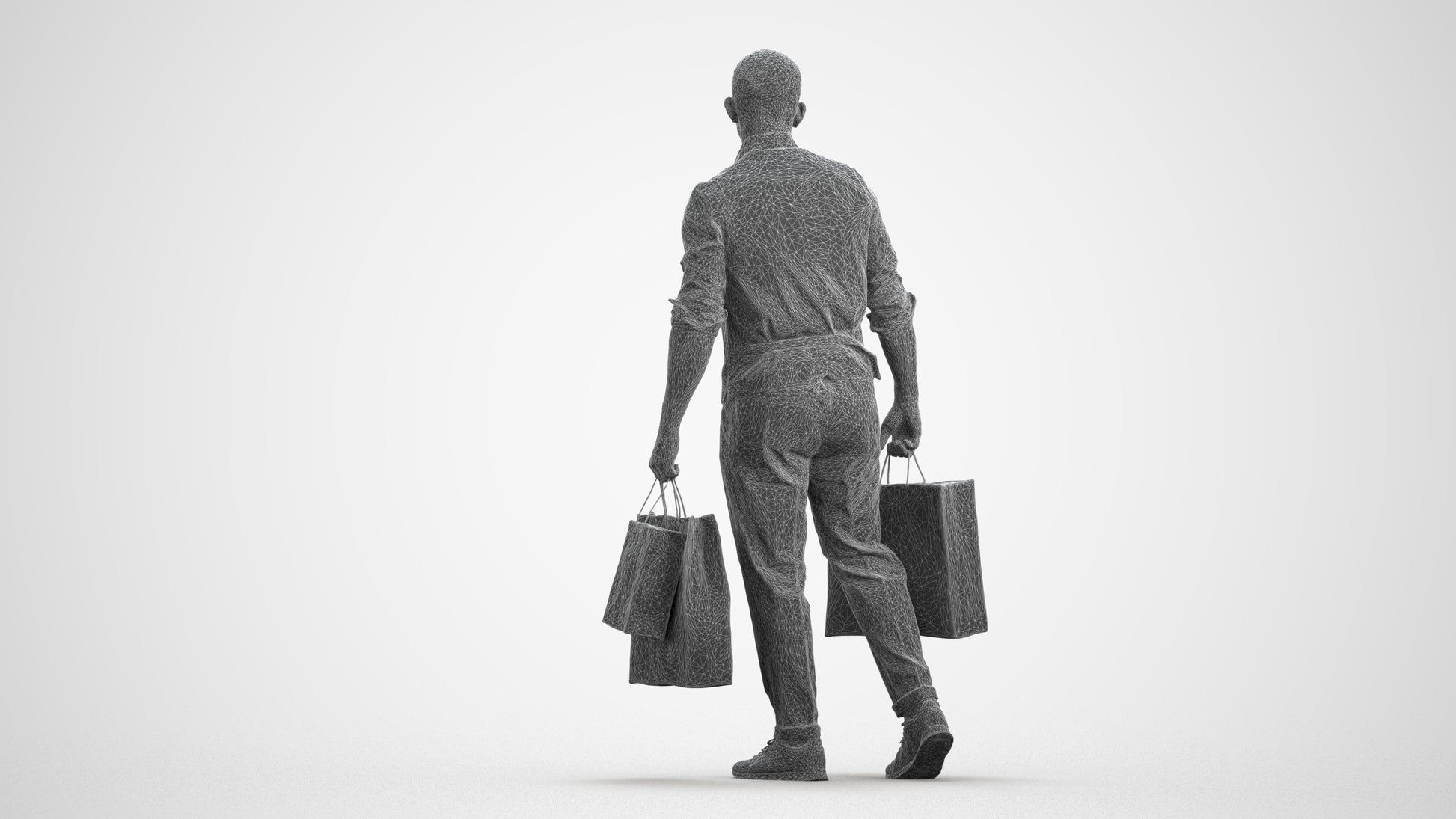 3D human model man casual shopping, photogrammetry scanned person for archviz, wireframe front view