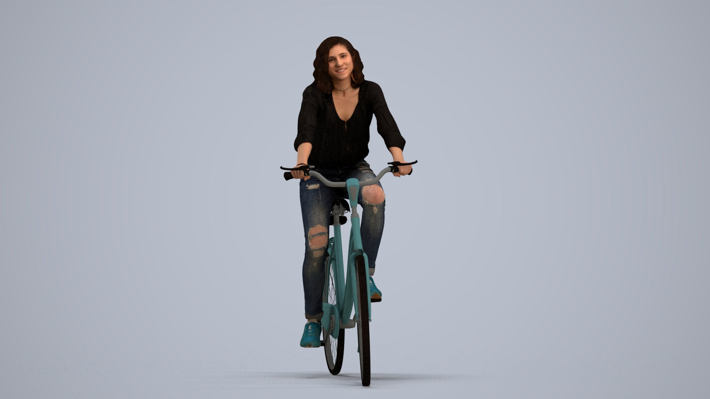 realistic 3D woman casual cycling, scanned archviz people for Blender and 3ds Max, standing pose render