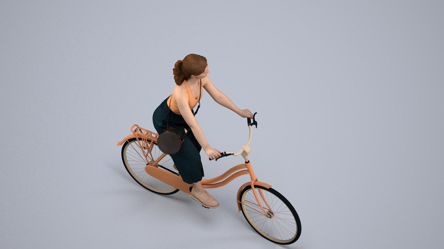 realistic 3D human girl casual cycling, archviz people FBX OBJ for Blender, back view render