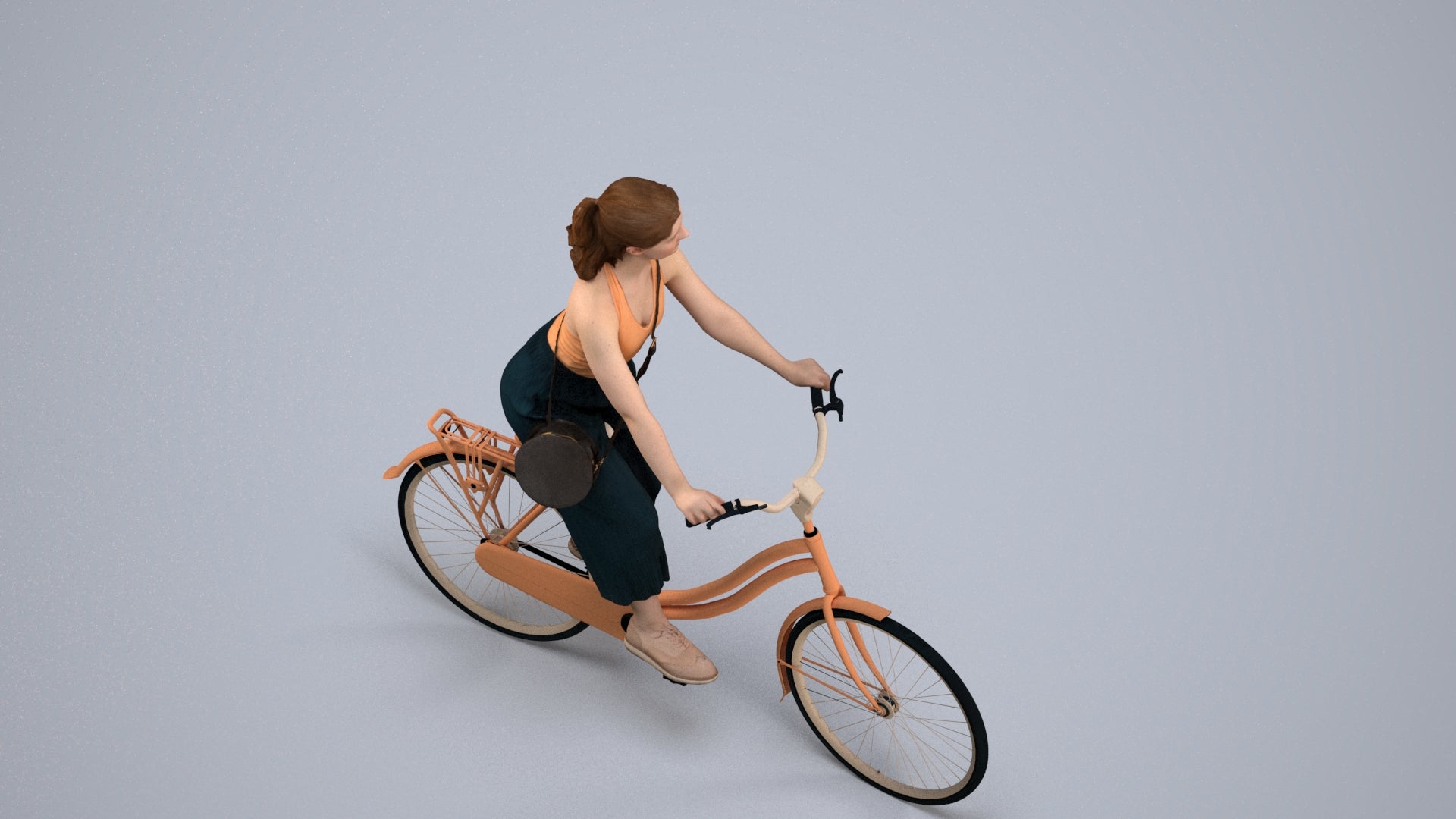 realistic 3D human girl casual cycling, archviz people FBX OBJ for Blender, back view render