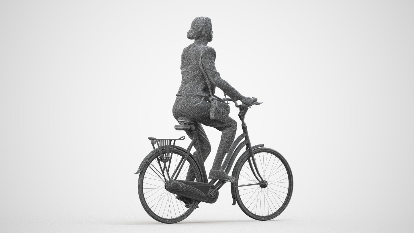 3D people model woman business cycling, scanned human for 3ds Max rendering, wireframe side view