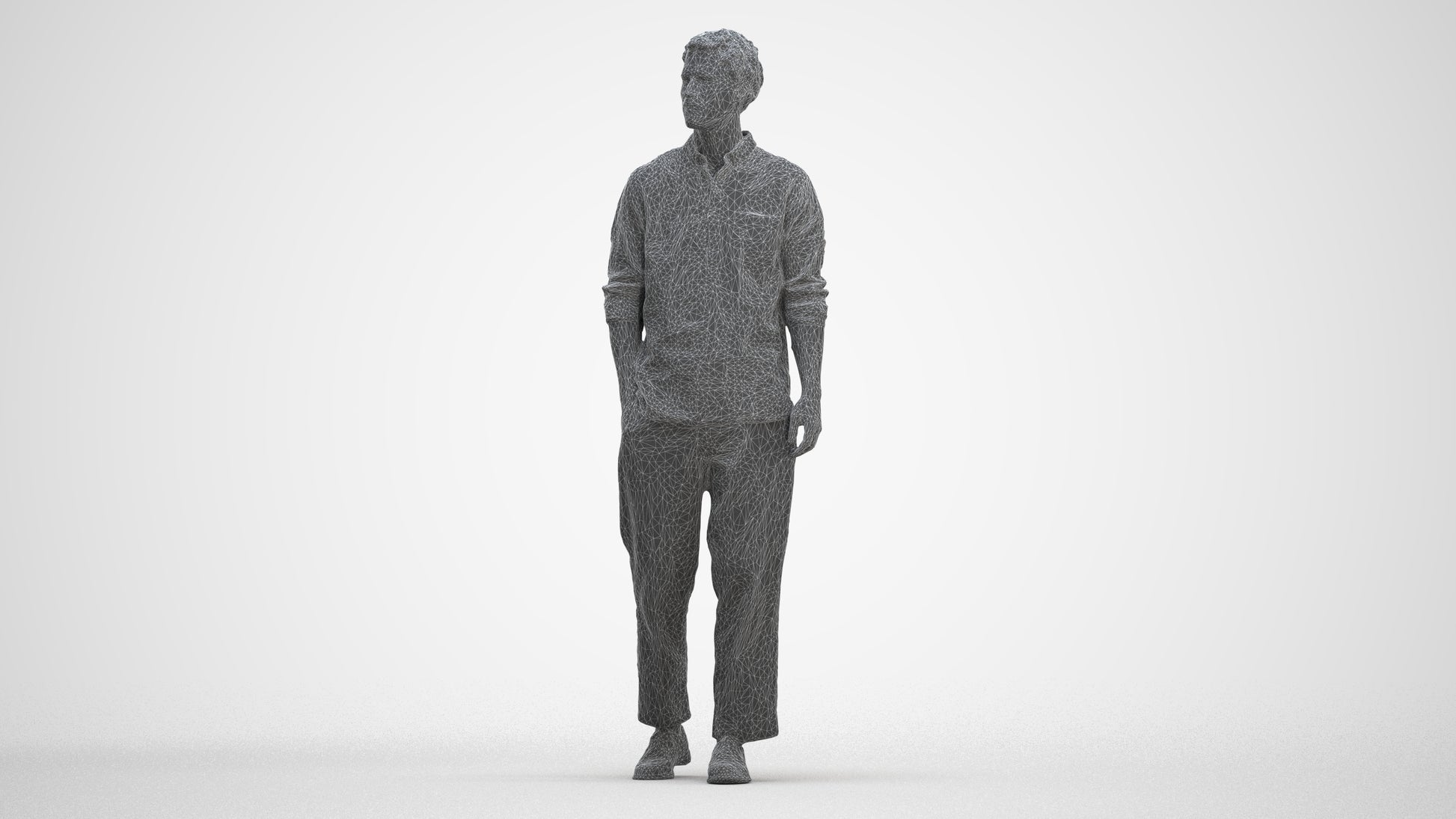 3D human model man casual walking, photogrammetry scanned person for archviz, top-down view render