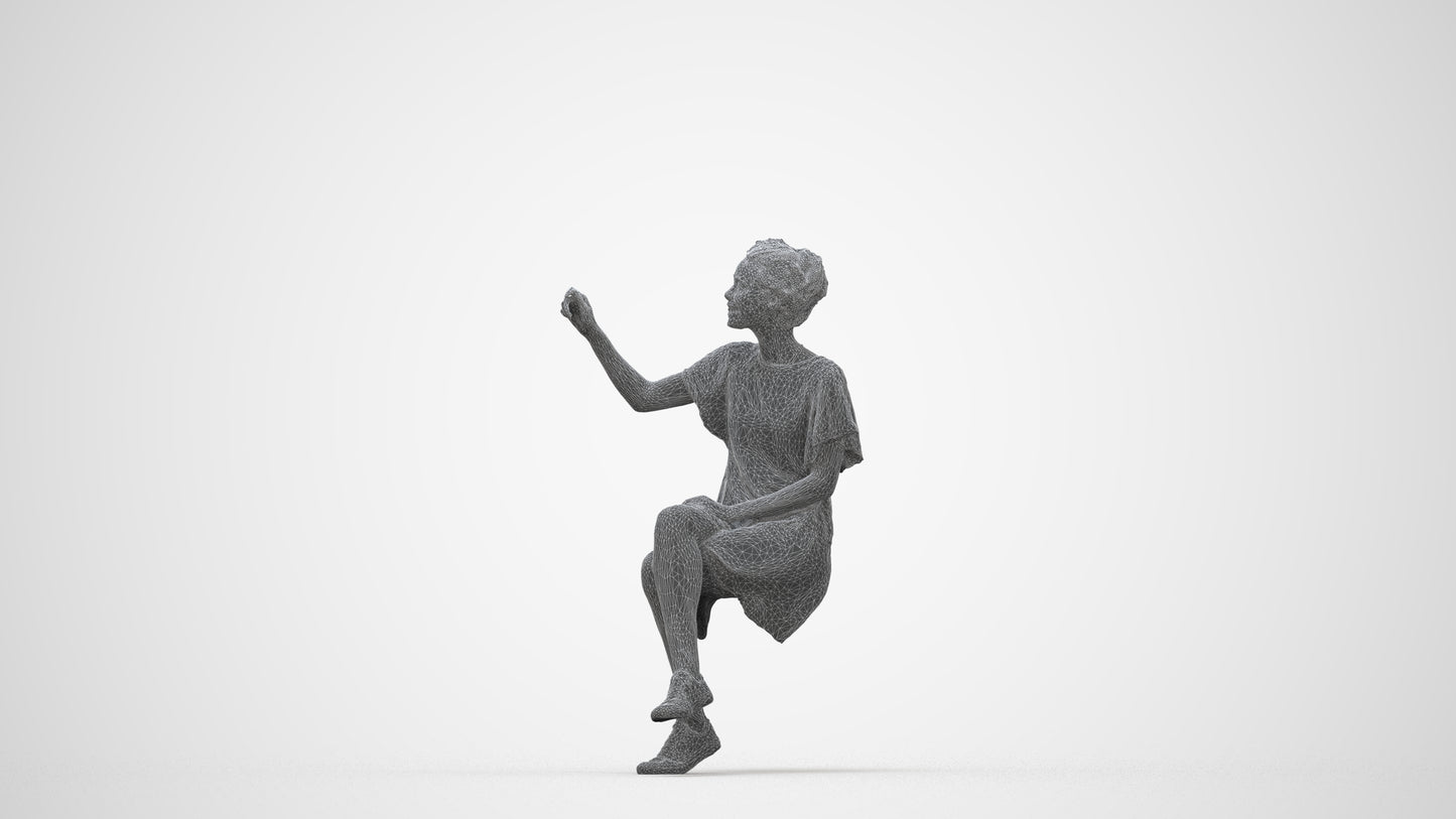 3D human model woman casual sitting, photogrammetry scanned person for archviz, wireframe back view