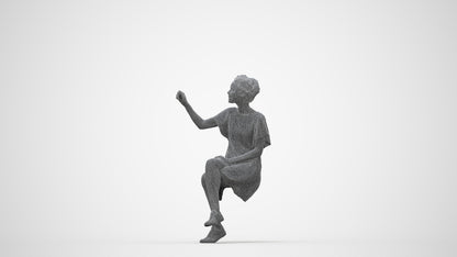 3D human model woman casual sitting, photogrammetry scanned person for archviz, wireframe back view