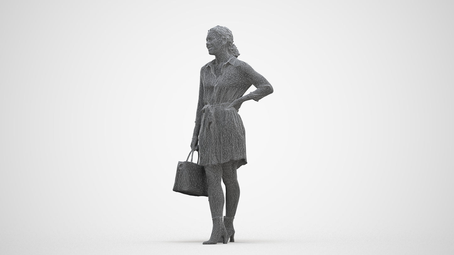 3D human model woman casual standing, photogrammetry scanned person for archviz, three-quarter front view render