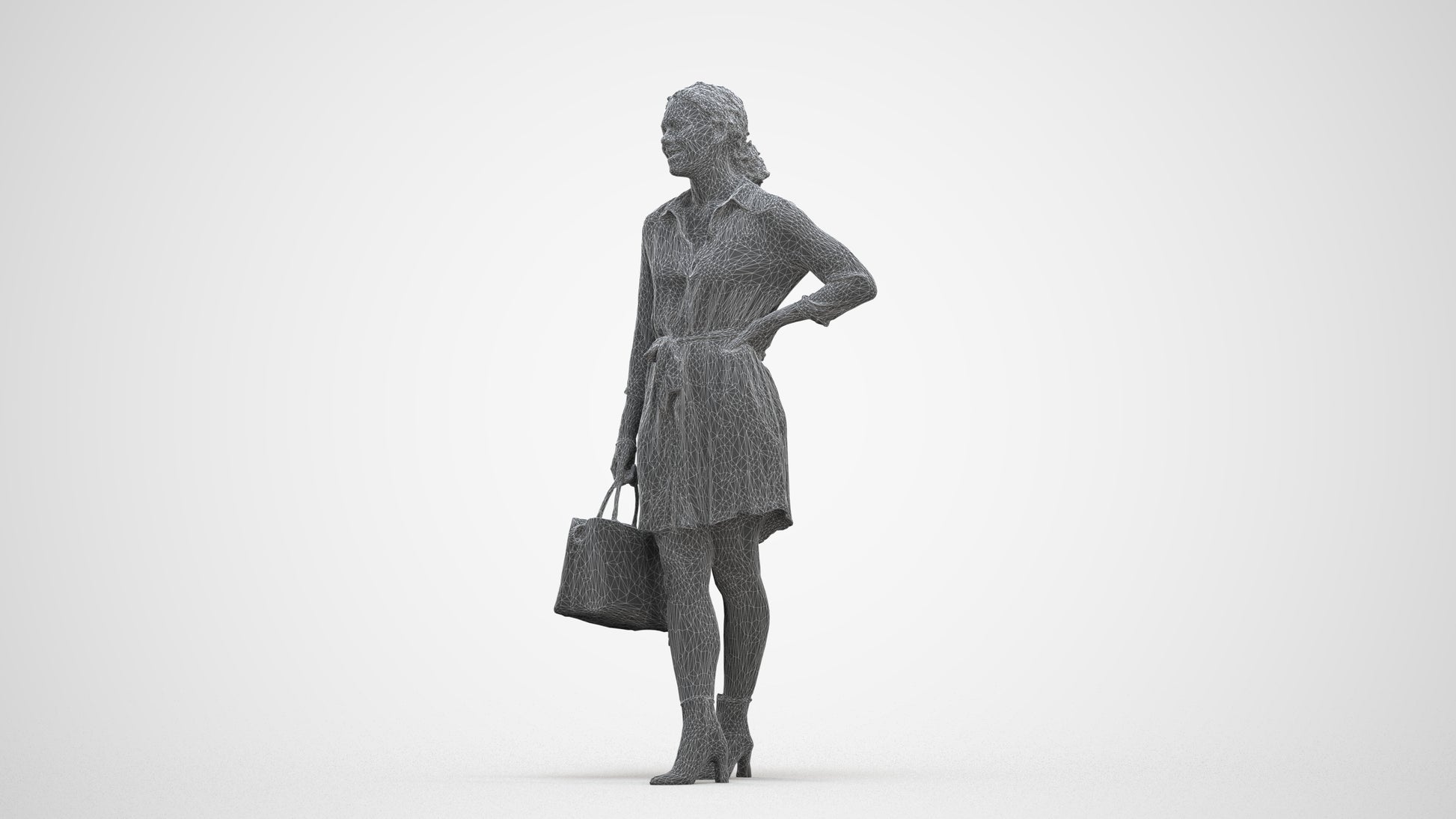 3D human model woman casual standing, photogrammetry scanned person for archviz, three-quarter front view render