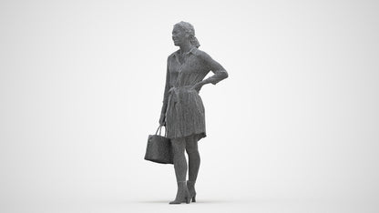 3D human model woman casual standing, photogrammetry scanned person for archviz, three-quarter front view render