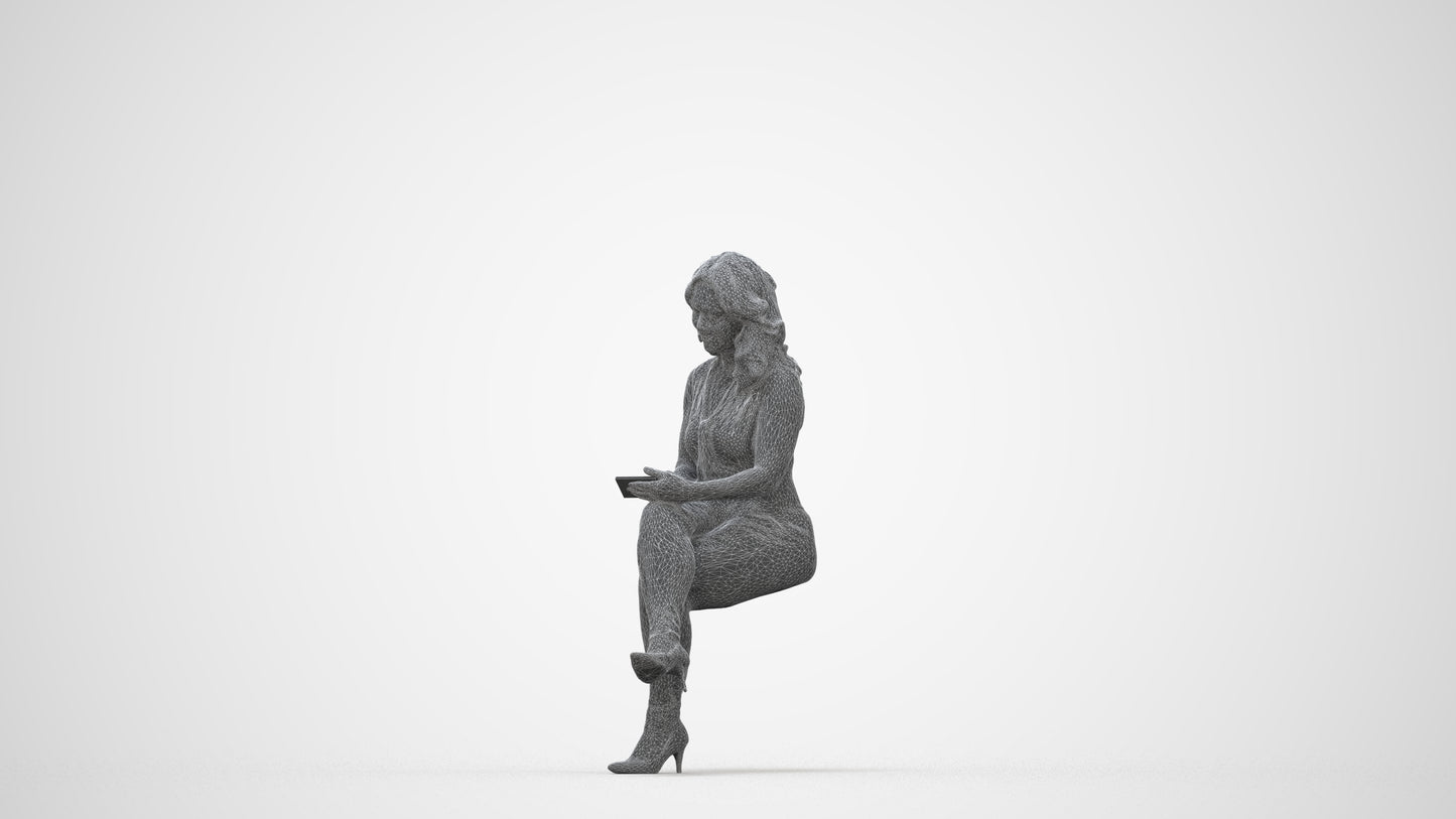 realistic 3D woman casual sitting, scanned archviz people for Blender and 3ds Max, wireframe back view