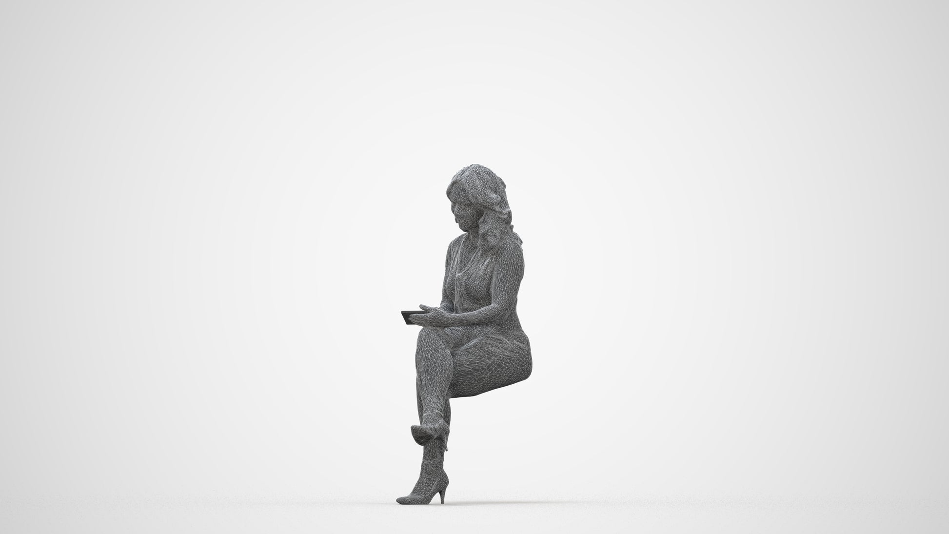 realistic 3D woman casual sitting, scanned archviz people for Blender and 3ds Max, wireframe back view
