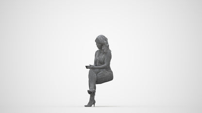 realistic 3D woman casual sitting, scanned archviz people for Blender and 3ds Max, wireframe back view