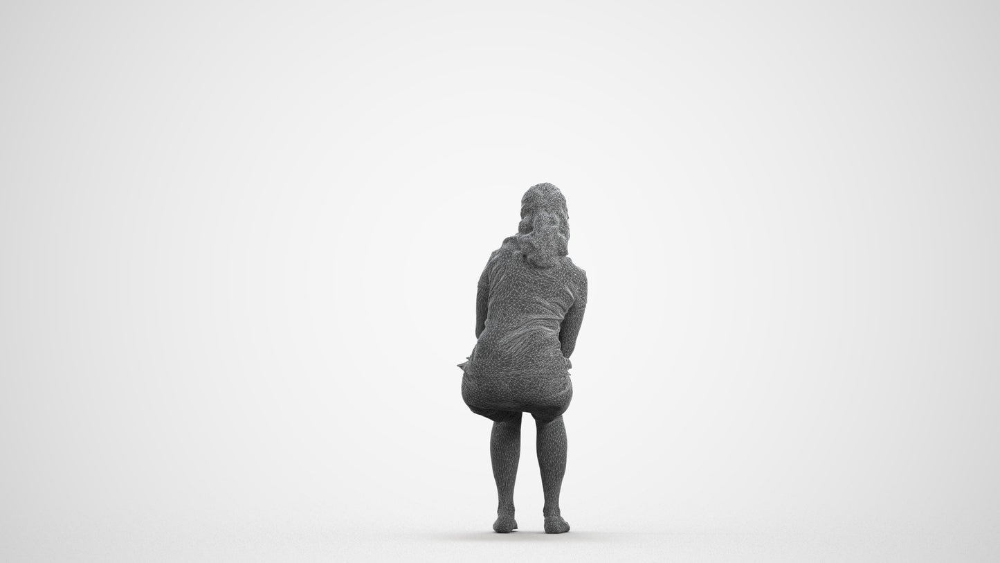 realistic 3D human woman casual sitting, archviz people FBX OBJ for Blender, wireframe front view