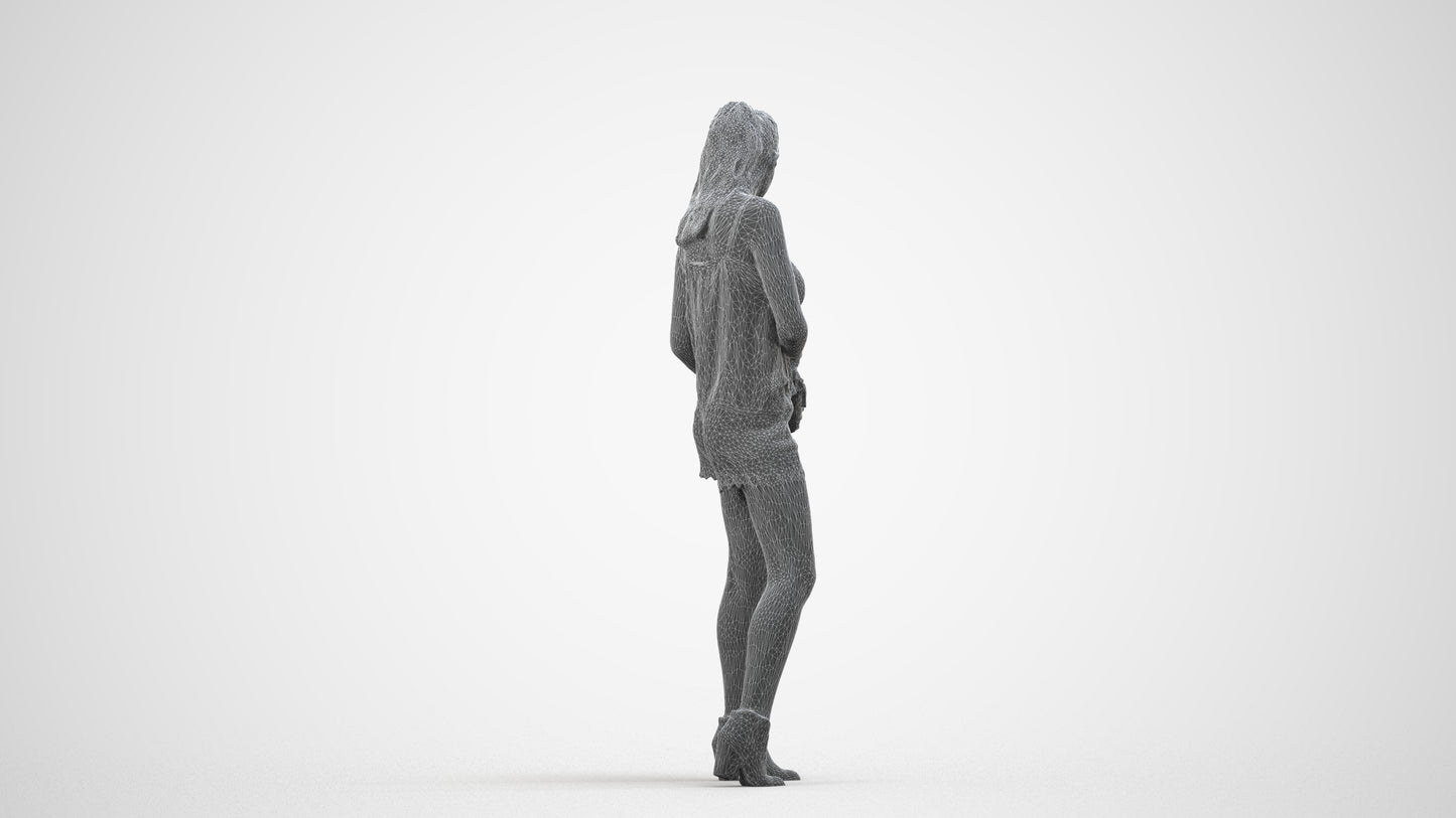 3D people model girl casual standing, scanned human for 3ds Max rendering, wireframe side view