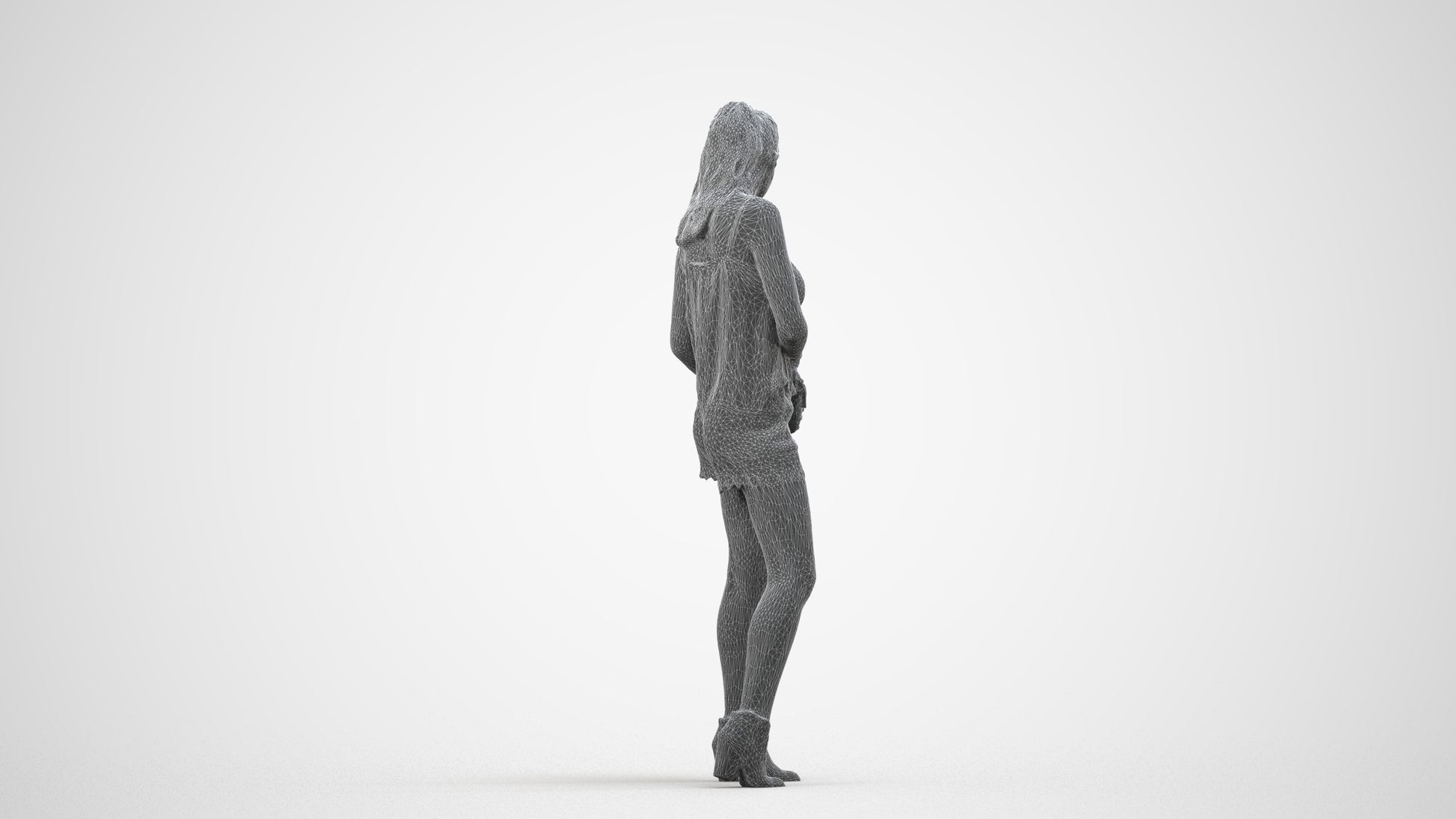 3D people model girl casual standing, scanned human for 3ds Max rendering, wireframe side view