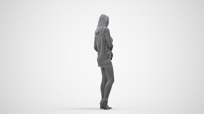 3D people model girl casual standing, scanned human for 3ds Max rendering, wireframe side view