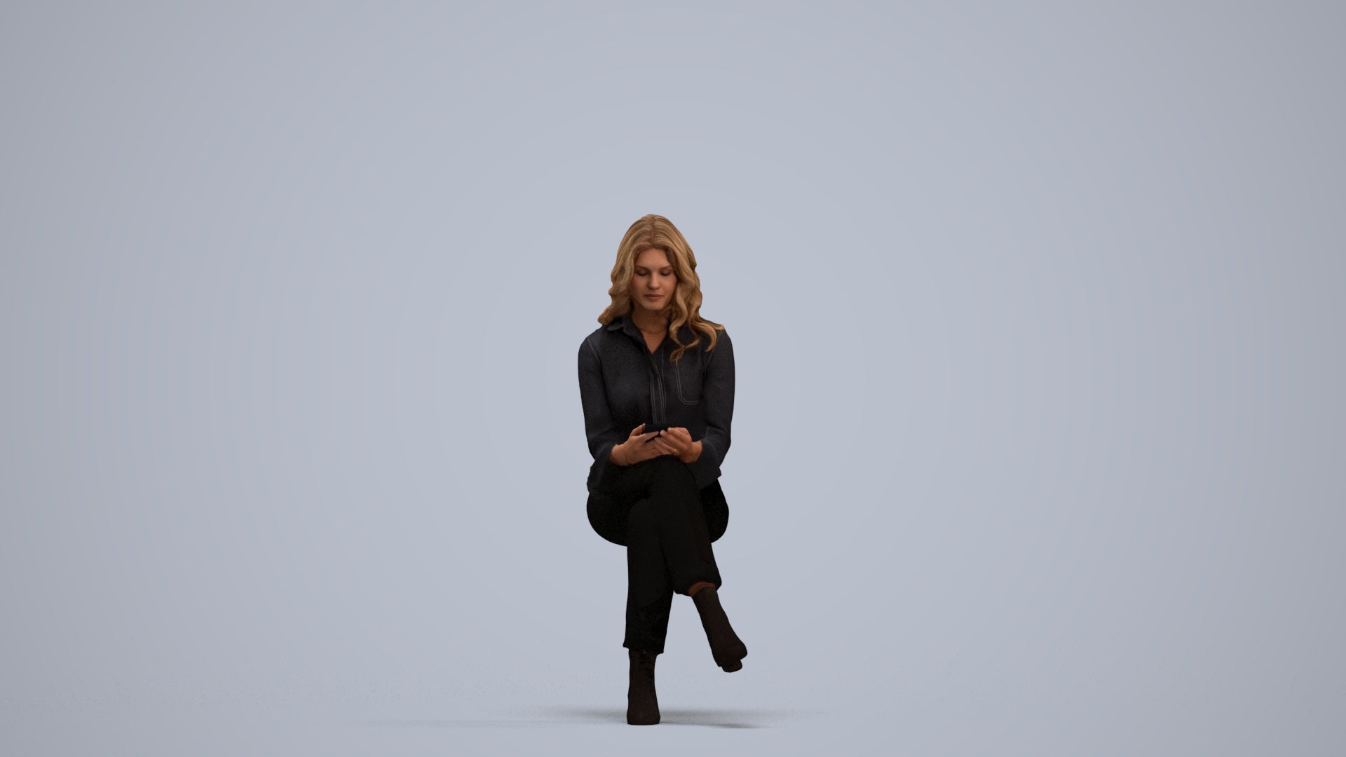 3D human model woman business sitting, photogrammetry scanned person for archviz, standing pose render