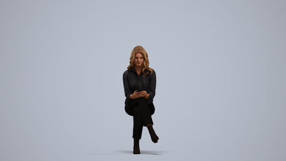 3D human model woman business sitting, photogrammetry scanned person for archviz, standing pose render