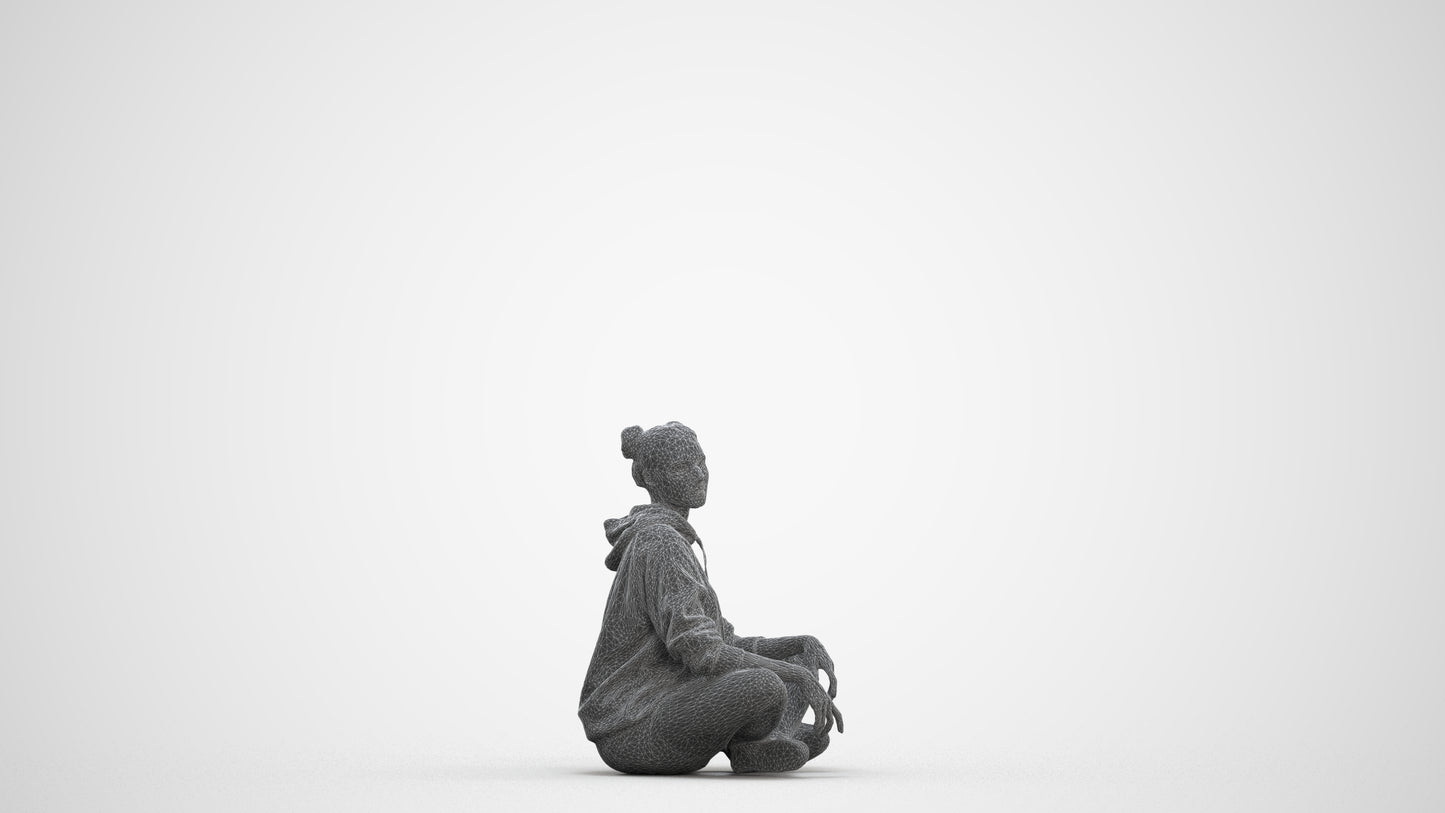 photogrammetry 3D woman casual sitting, realistic human model archviz FBX, three-quarter front view render