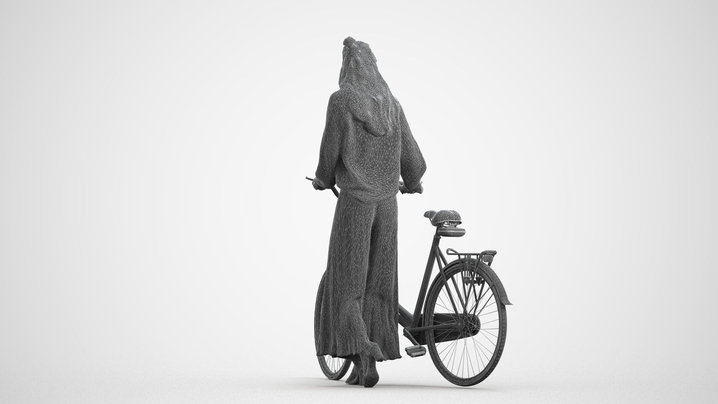 realistic 3D human woman casual cycling, archviz people FBX OBJ for Blender, wireframe front view