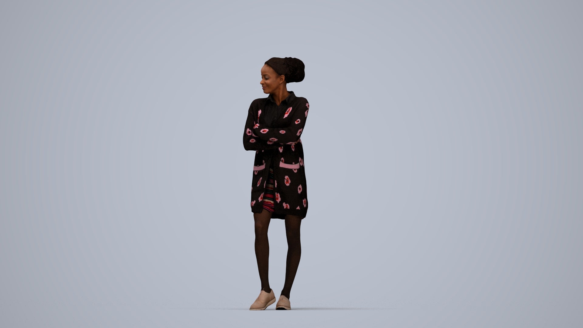 3D people model woman casual standing, scanned human for 3ds Max rendering, top-down view render