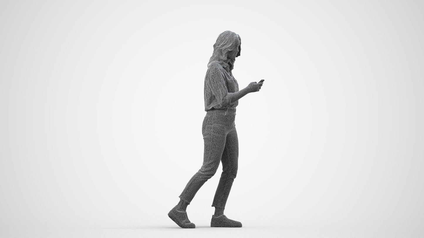 scanned 3D woman casual walking, photogrammetry people for Enscape and V-Ray, wireframe side view
