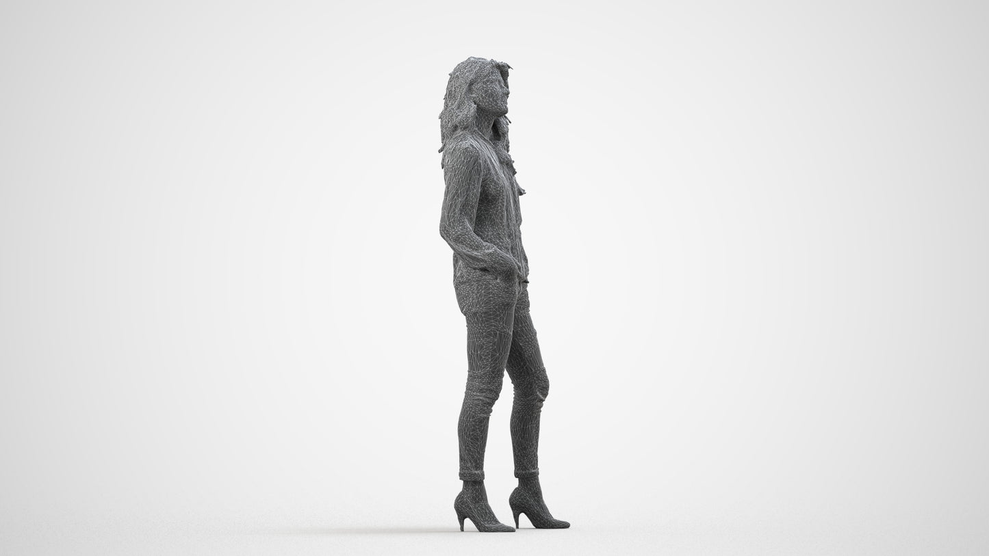 realistic 3D people woman casual standing, render-ready for V-Ray and Corona, FBX OBJ, wireframe side view
