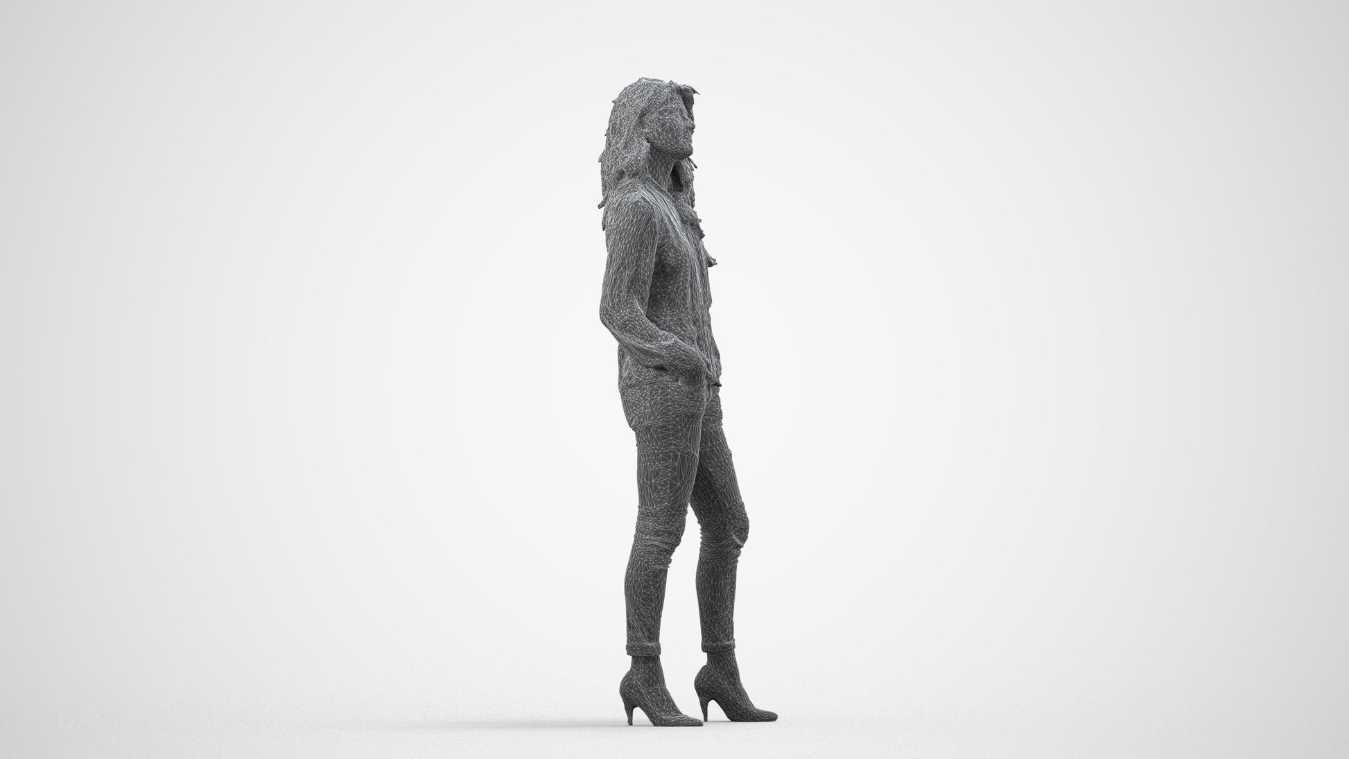 realistic 3D people woman casual standing, render-ready for V-Ray and Corona, FBX OBJ, wireframe side view