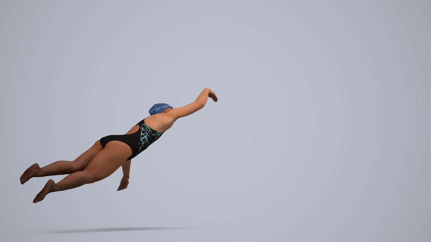 3D human model woman sport pool, photogrammetry scanned person for archviz, side view render