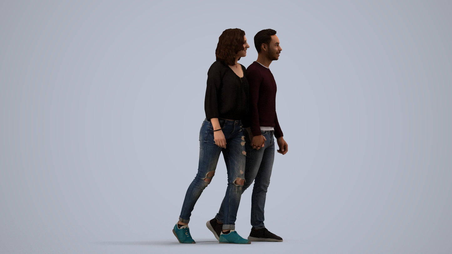 realistic 3D woman casual couple, scanned archviz people for Blender and 3ds Max, side view render