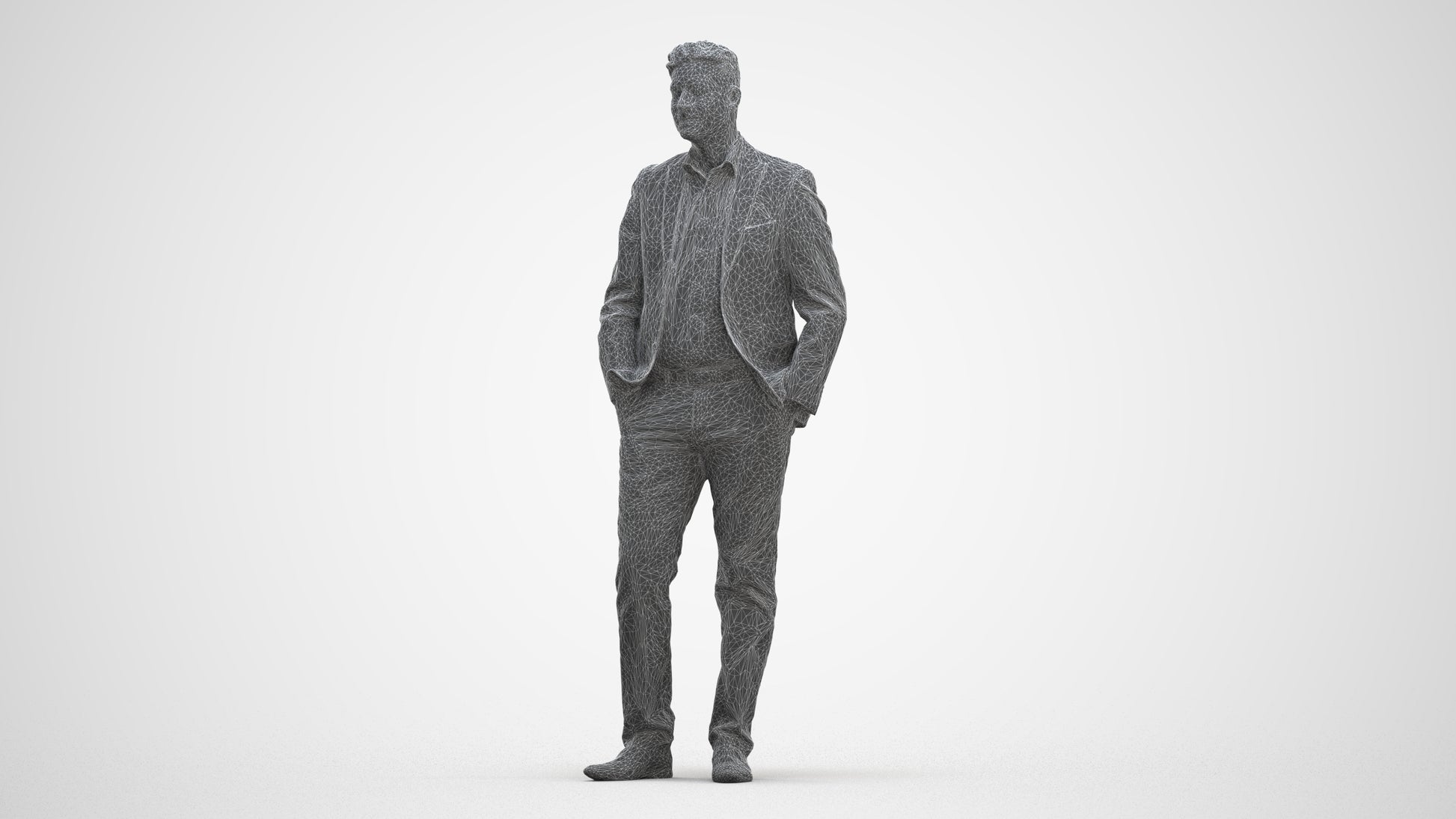realistic 3D man business standing, scanned archviz people for Blender and 3ds Max, three-quarter front view render