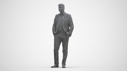realistic 3D man business standing, scanned archviz people for Blender and 3ds Max, three-quarter front view render