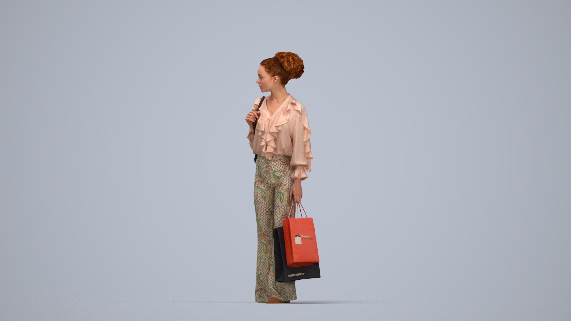 photogrammetry 3D woman casual shopping, realistic human model archviz FBX, top-down view render