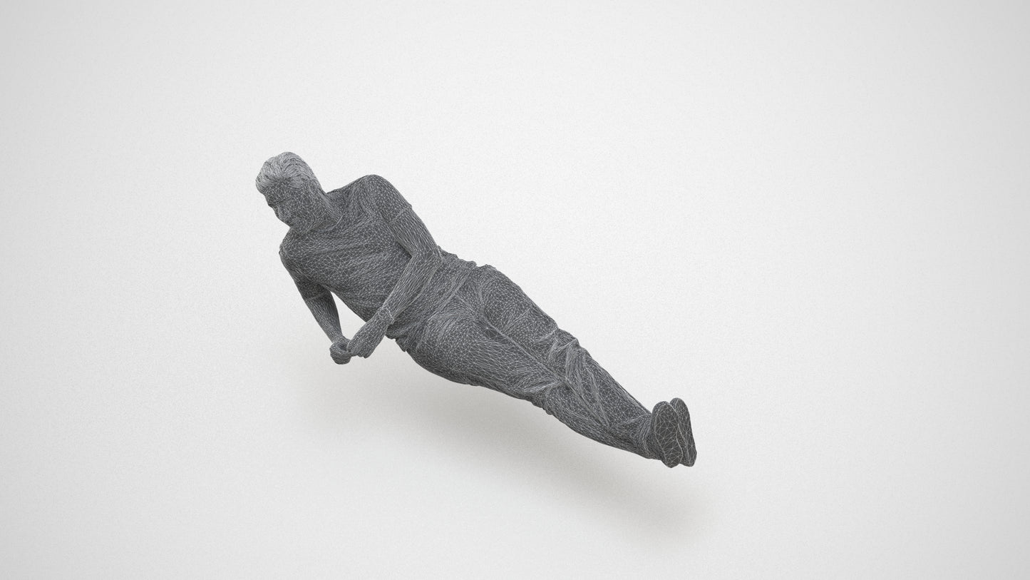 3D people model man casual sitting, scanned human for 3ds Max rendering, wireframe three-quarter view