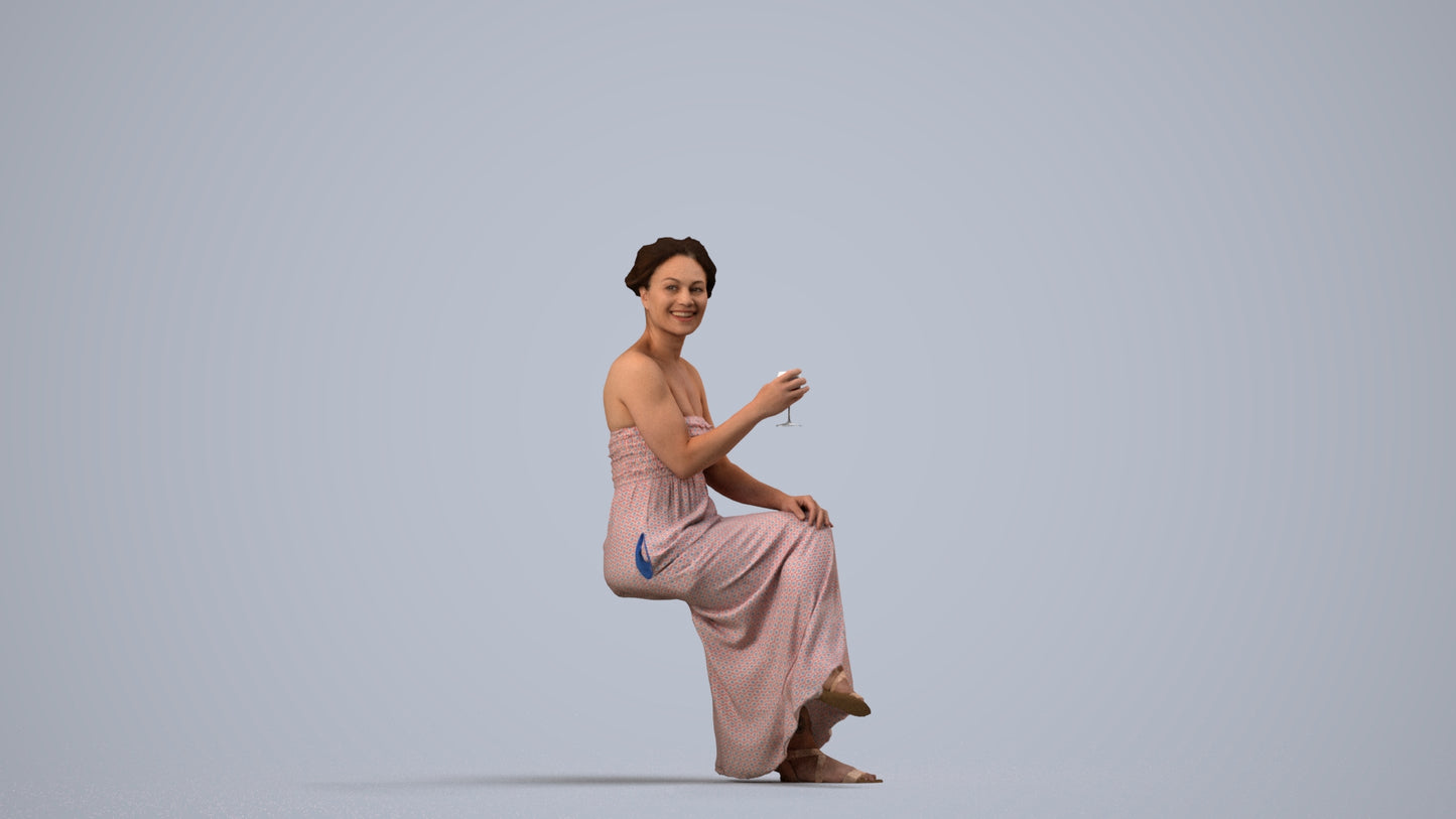 photogrammetry 3D woman casual sitting, realistic human model archviz FBX, side view render