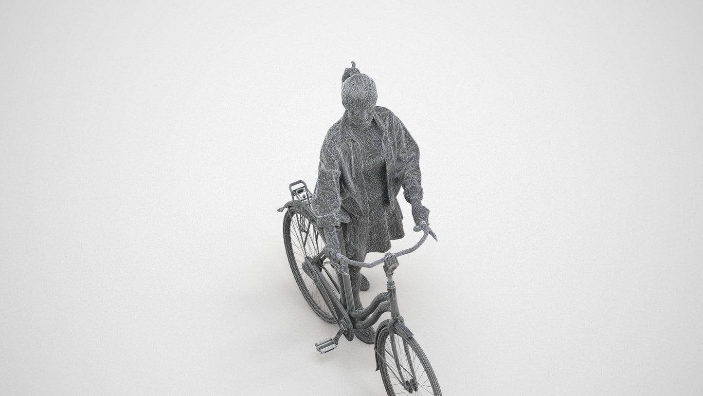 scanned 3D woman casual cycling, photogrammetry people for Enscape and V-Ray, wireframe three-quarter view